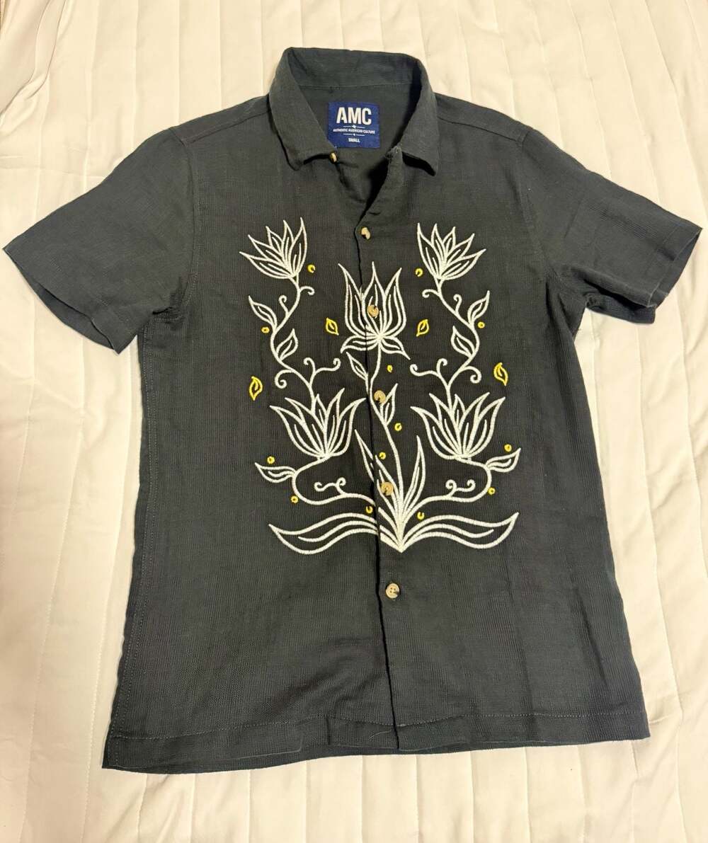 AMC Authentic American Culture Black Floral Embroidered Camp Shirt